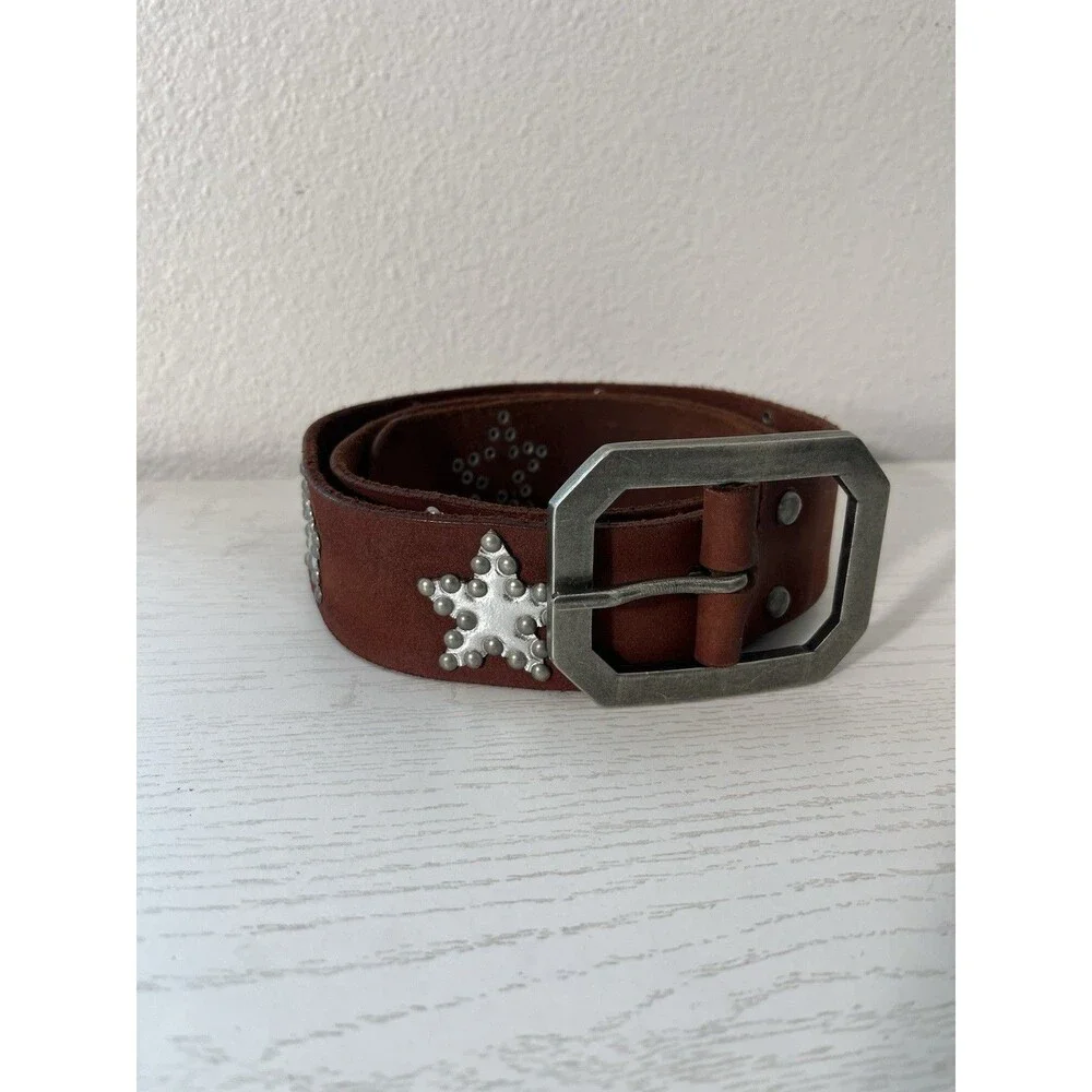 FREE PEOPLE Starcrossed Studded Leather Belt Brown Stars Big Buckle M/L Boho